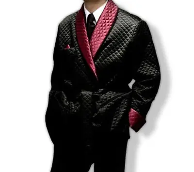 Men Quilted Robe Vintage Smoking Dressing Gown Luxury Maroon Satin Lapel Coat • $259