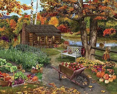 Harvest At The Cabin Fabric House Autumn Trees Digital Cotton David 35  Panel • $11.97