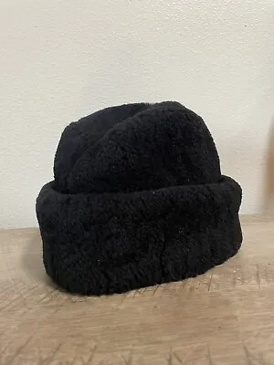 Vintage Olaf Size M Dyed Mouton Fur Lamb Hat Black Ear Flaps WARM USA Made • $49.95