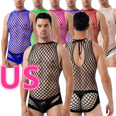 US Men One-Piece Fishnet Bodysuit Hollow Out Sexy Mesh Teddy Lingerie Underwear • $5.92