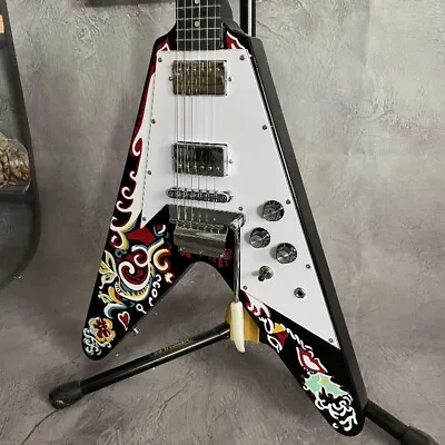 Black Jimi Hendrix Psychedelic Flying V Electric Guitar HH Pickups Tremolo Print • $325