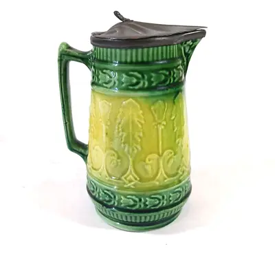 Antique Majolica Syrup Jug Pitcher Creamer Floral Leaves Tin Lid Green Yellow • $187