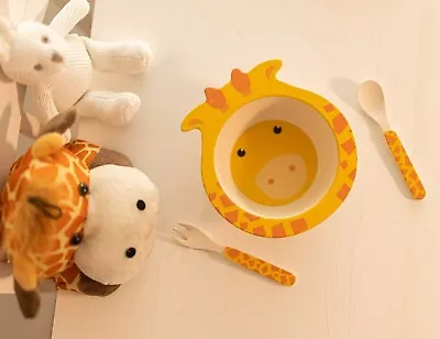 Kid's 3pc Dining Set Feeding Kit Bowl Spoon Fork Giraffe Safari Animal Breakfast • £7.99