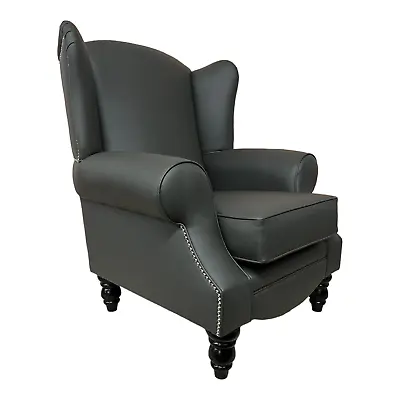 Wing Back Queen Anne Chair Grey Faux Leather - Standing On Solid Wood Black Legs • £575