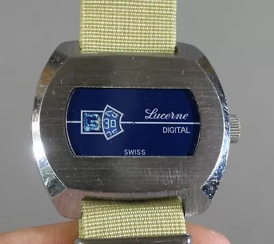 Vintage Gents Swiss Made Lucerne Jump Hour Digital Wrist Watch Stainless Steel • $35.76