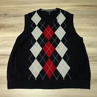 Club Room Sweater Vest Mens 2XL Black Red Argyle Print V Neck Golf Casual • $18.88