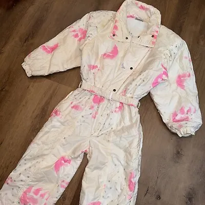 Womens Luhta Ski Suit Snowsuit One Piece Snow Bib Vtg 80s Retro Apres White Sz 8 • $149.99