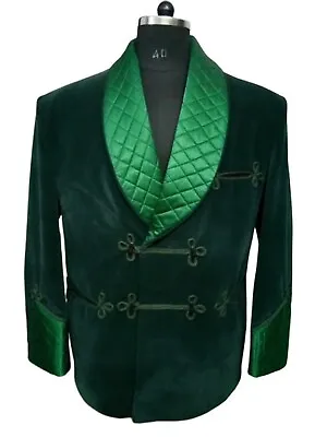 Green Men Vintage Velvet Smoking Jacket Robe Shawl Lapel Tuxedo Blazer Tailored • $161.10