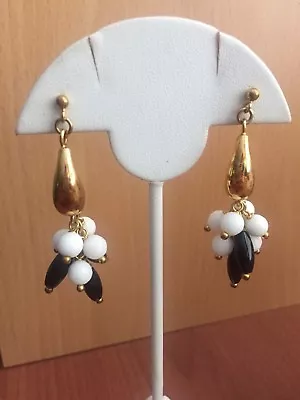 VERONESE Gold Clad Sterling Silver White & Black Agate Dangling Cluster Earrings • $14.99