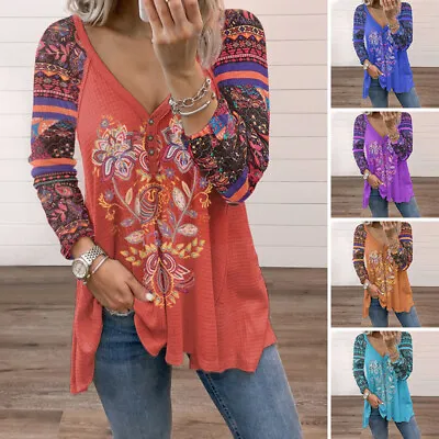 $20.97 • Buy Plus Size Womens Striped V Neck T-shirt Ladies Boho Floral Long Sleeve Tops Tee