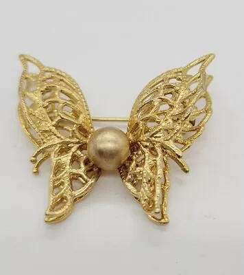 Vintage MONET Butterfly Brooch Pin Gold Tone Faux Pearl 1.25 In • $14.99
