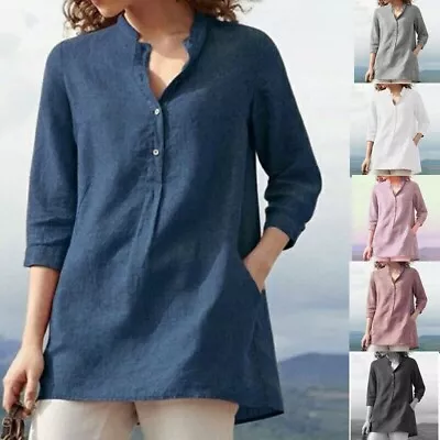 Womens Cotton Linen Casual Blouse Baggy Ladies Button T-Shirt Top Summer Tunic • £10.99