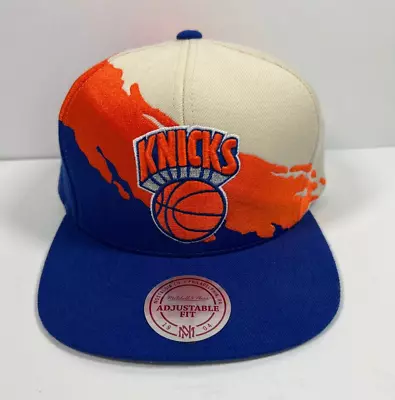 New York Knicks Hat Mitchell & Ness Paintbrush NBA Snapback Cap Blue Orange • $24.99