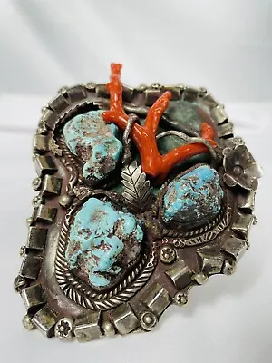 Vtg 153g Old Pawn Navajo Red Coral Turquoise Sterling Silver Huge Cuff Bracelet • $875