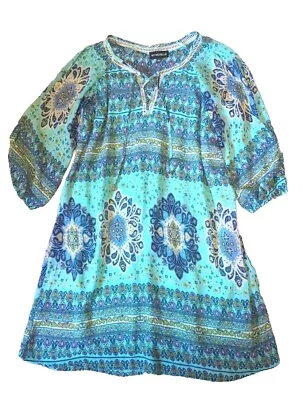 My Michelle - Sz. LG. Dress Cold Shoulder Teal Mosaic Print Lined Boho Hippie EC • $12.88