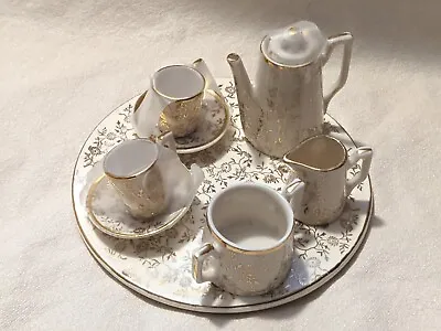 Vintage Miniature Porcelain Tea Set Gold Flowers 9 Pieces With Tray • $15