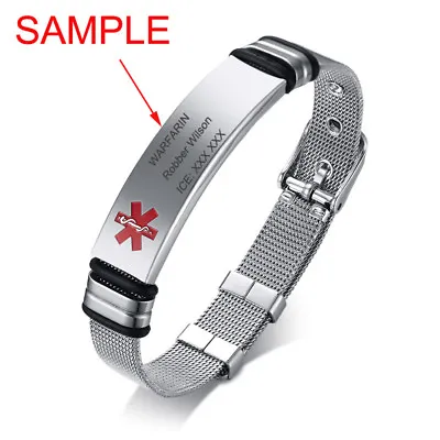 £9.59 • Buy Women Men Silver Medical Alert ID Name Bracelet Watch Tag Custom Free Engraving