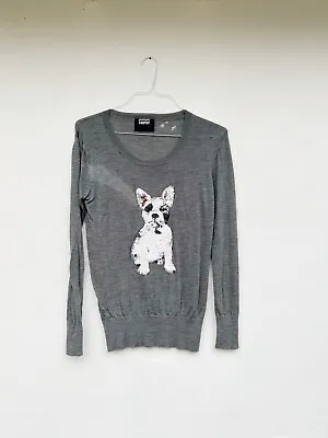 Markus Lupfer Grey Fine Knit 100% Merino Wool Sweatshirt With Sequin Dog Sz S • $10.10
