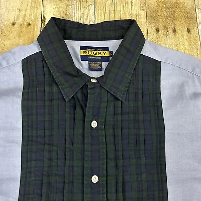 Vintage Rugby Ralph Lauren Pleated Chambray Tartan Shirt  XL French Cuffs • $149.95