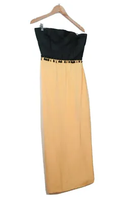 Vintage 80s Oscar De La Renta Yellow Black Gown Dress 6  0567 • $80