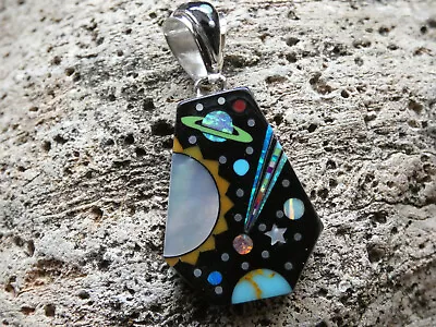 Galaxy Night Mother Earth Inlay Gemstone Fire Opal Sterling Silver Pendant P23 • $89.95