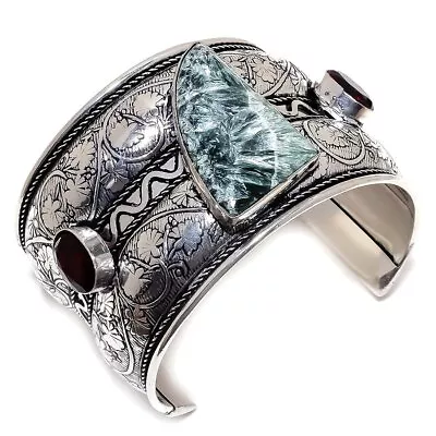 Seraphinite Garnet Gemstone 925 Sterling Silver Cuff Bracelet Adjustable • $22.80