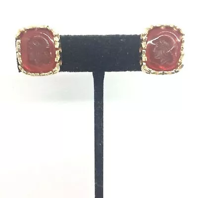 Vintage Intaglio Soldier Lucite Clip On Earrings Gold Tone Red Rectangle Kofim • $29