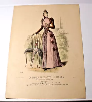 1890 Antique French Hand Colored LA MODE ELEGANTE ILLUSTRADA Fashion Print (12) • $18