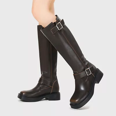 Women's Fall/Winter Vintage Round Toe Belt Buckle Decor Heels Knee High Boots • $61.61