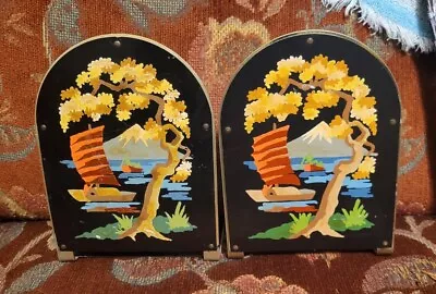 Vtg MCM Paint By Number Style Bookends Asian Oriental Motif • $45