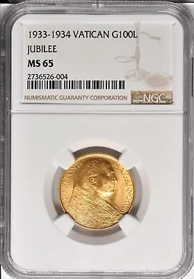 Vatican City 1933-34 100 Lire Gold Coin Gem Uncirculated Certified Ngc Ms-65 • $975
