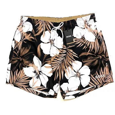 HUGO BOSS Mens Turtle Floral Print Swim Shorts Trunks Black • $48.99