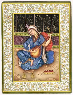 A Qajar Woman Playing Musical Instrument Persian Painting On Paper 9.5x12 Inches • $846.99