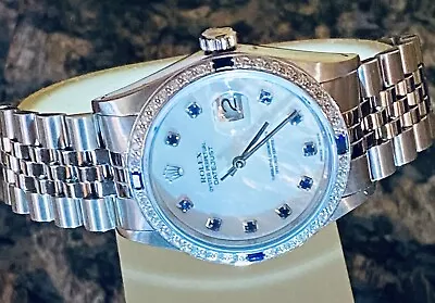 Rolex Datejust 16014 Custom 18K White Gold Diamond M.O.P. Sapphire Bezel • $4995