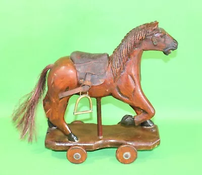 Vintage Wooden Toy Or Doll Horse W/ Wheels Leather Saddle All Wood Construction • $9.99