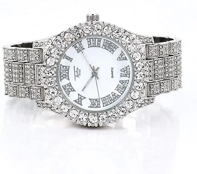 Men Silver Fully Iced Watch Bling Shine Rapper Simulate Diamond Lab Stone Metal • $29.98