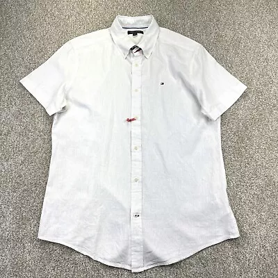 Tommy Hilfiger Size Large Mens Shirt Linen Blend White Button Down Short Sleeve • $24.99