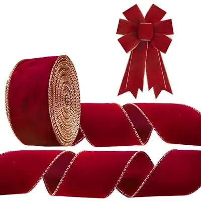 10 Yards Red Velvet Wired Edge Ribbons 2.5inch Red Velvet Solid Ribbon Gilt E... • $18.22