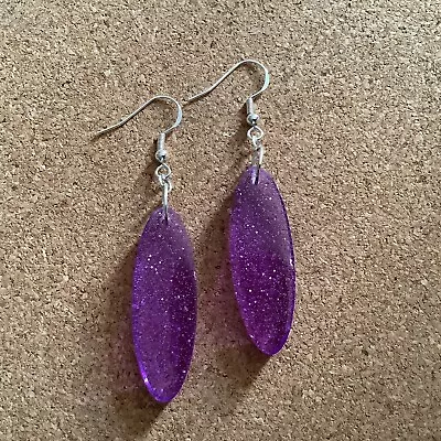 £2.85 • Buy Handmade Resin Purple Glitter Drop Hook Earrings Sterling Silver Wires Free P&p