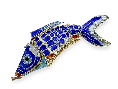 Vtg Koi Fish Jewelry Pendant Articulated Cloisonne Enamel Blue Gold 3in Moveable • $44.99