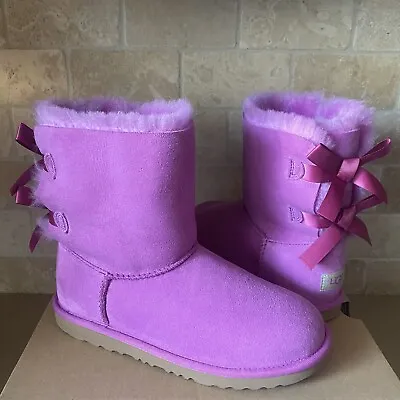 UGG Bailey Bow Pink Suede Fur Short Boots Youth Kid Girl 5 = Women US 7 • $127.49