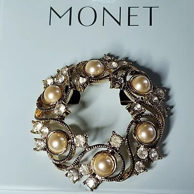 Signed Monet Faux Diamond And Pearl Circle Brooch Wreath New Without Box • $10.99