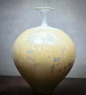 Crystalline STUDIO ART POTTERY VINTAGE SIGNED Yellow VASE Unique Neck • $65