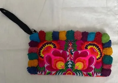 Mexican Pom Pom Embroidered Floral Clutch Hand Bag 10.5x6” • $28.50