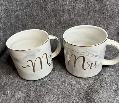 Mr & Mrs Coffee Mugs Ceramic Marble Coloring W/ Gold Edges Marriage Wedding Gift • £9.73