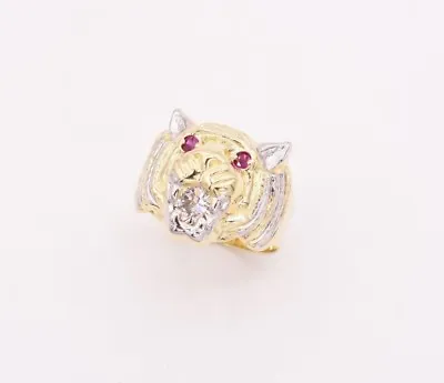 Men's Tiger Head Ring Ruby Eyes & CZ Real Solid 10K Yellow White Gold Size 11 • $251.09