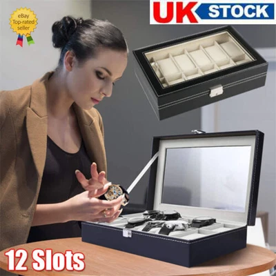 £13.49 • Buy Mens Women 12 Slot Leather Watch Case Display Box Storage Jewellery Glass Top UK