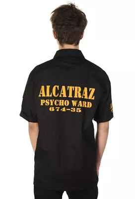 Mens Black Gothic Retro Punk Alcatraz Psycho Ward Prison Shirt BANNED Apparel • £31.99