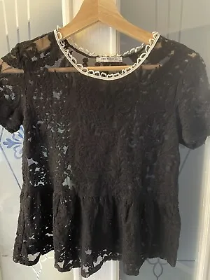 Zara Peplum Black Lace Top Size XS  • £6