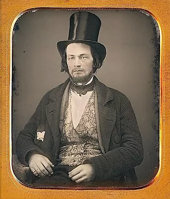 Bearded Man With Top Hat Patterned Vest Heavy Coat 1/6 Plate Daguerreotype J129 • $423.75